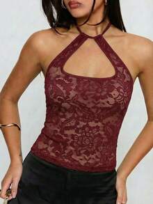 女士纯色性感蕾丝透视吊带露背吊带衫，女士优雅休闲上衣，女士春夏新款衬衫，女士酒红色蕾丝吊带衫，适合夜间外出、单身派对、郊游、毕业典礼、生日礼物、旅行、海滩、度假、母亲节等场合穿着 - 酒紅色 - 查看 5
