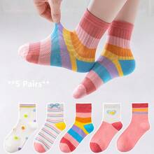 5 Pairs 2026 Spring/Summer New Kids' Mesh Socks, Girls' Breathable Heart & Rainbow Mid-Calf Socks, Middle School Students' Sports & Campus Versatile Socks, Summer Little Girls' Heart & Rainbow Stripe Thin Breathable Socks, Back To School Essential - Multicolor - View 5