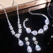 Silver Bridal Crystal Necklace, Earrings, Bracelet Set, Bride Wedding Jewelry Set, Rhinestone Pendant Necklace, Spherical Jewelry Set - Silver - View 7