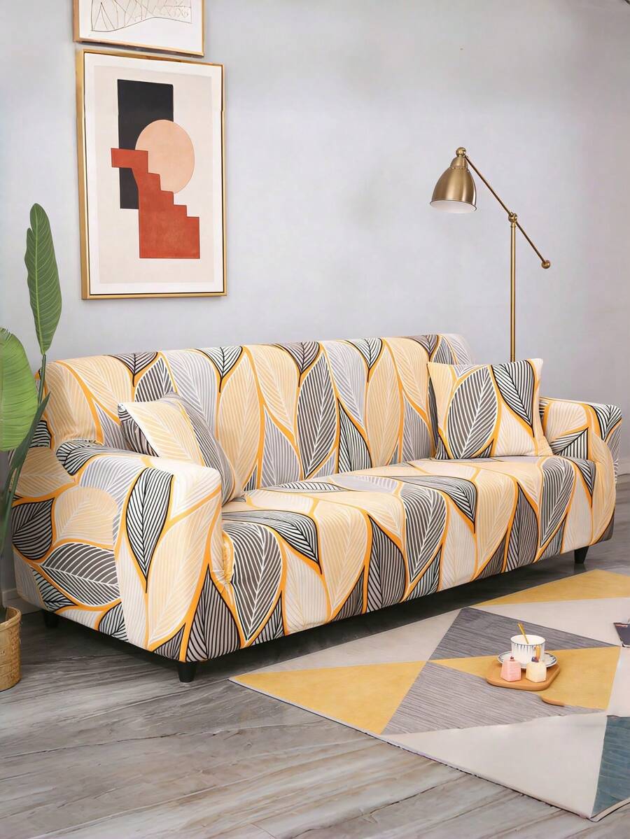 1pc Geometric Pattern Stretch Sofa Cover, Suitable For All Seasons, Sofa Protection And Home Decor - Orange - View 1