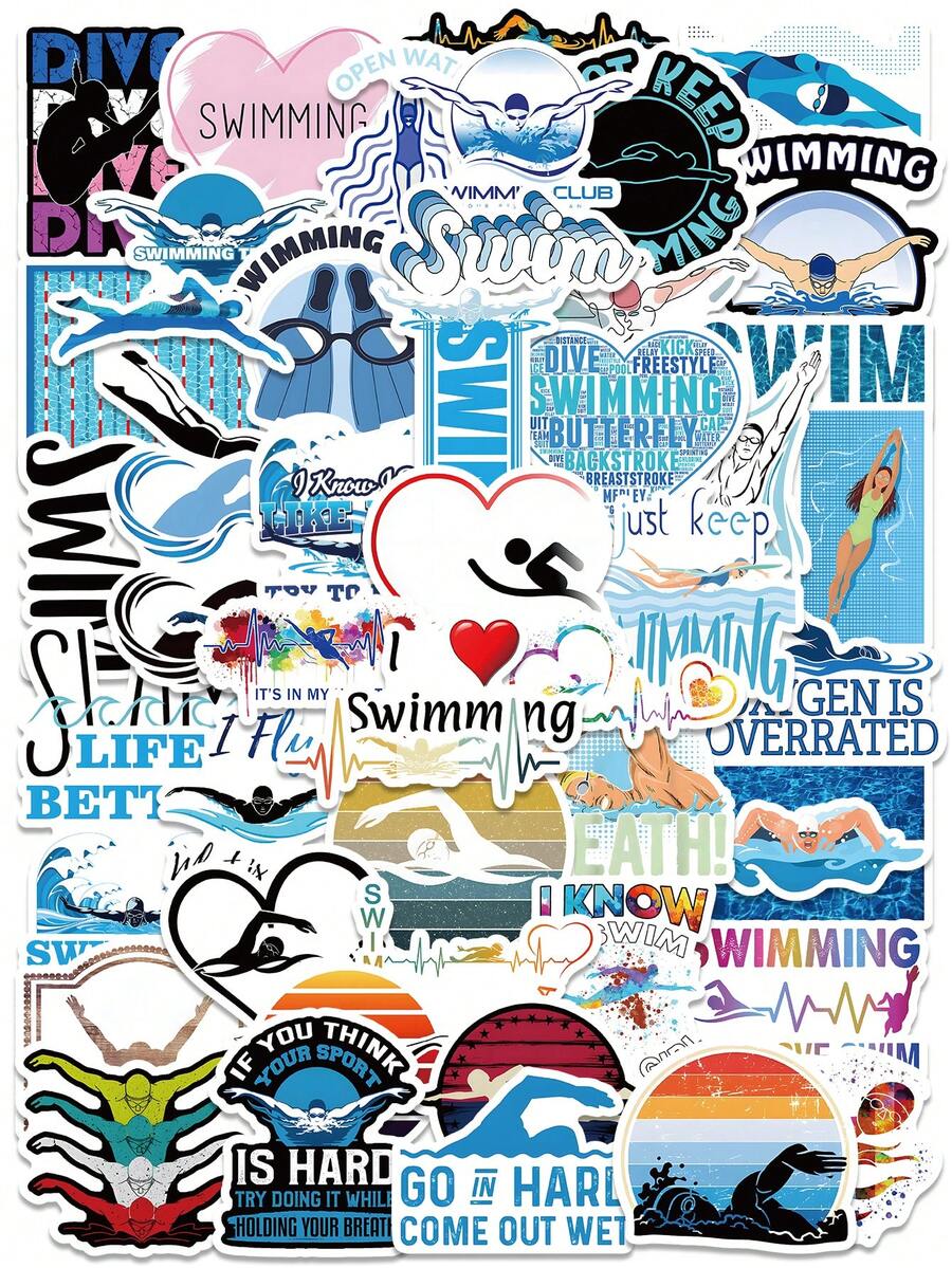 53 Pcs Swim Theme Sticker Pack, Street Retro & Fresh Styles, "Oxygen Is Overrated" Quotes, Durable For Water Bottle, Laptop & Swim Bag, Scrapbook Stickers - Swim - View 1