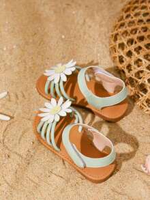 Girls' Sandals, New Summer Soft Bottom Hook And Loop Daisy Open Toe Cute Little Girl Princess Shoes - Green - View 4