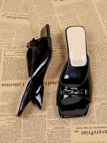 Giày sandal cao gót mũi vuông màu đen thắt nơ dành cho nữ, kiểu dép hở gót đa năng thoải mái cho mùa hè. - màu đen - Xem 4