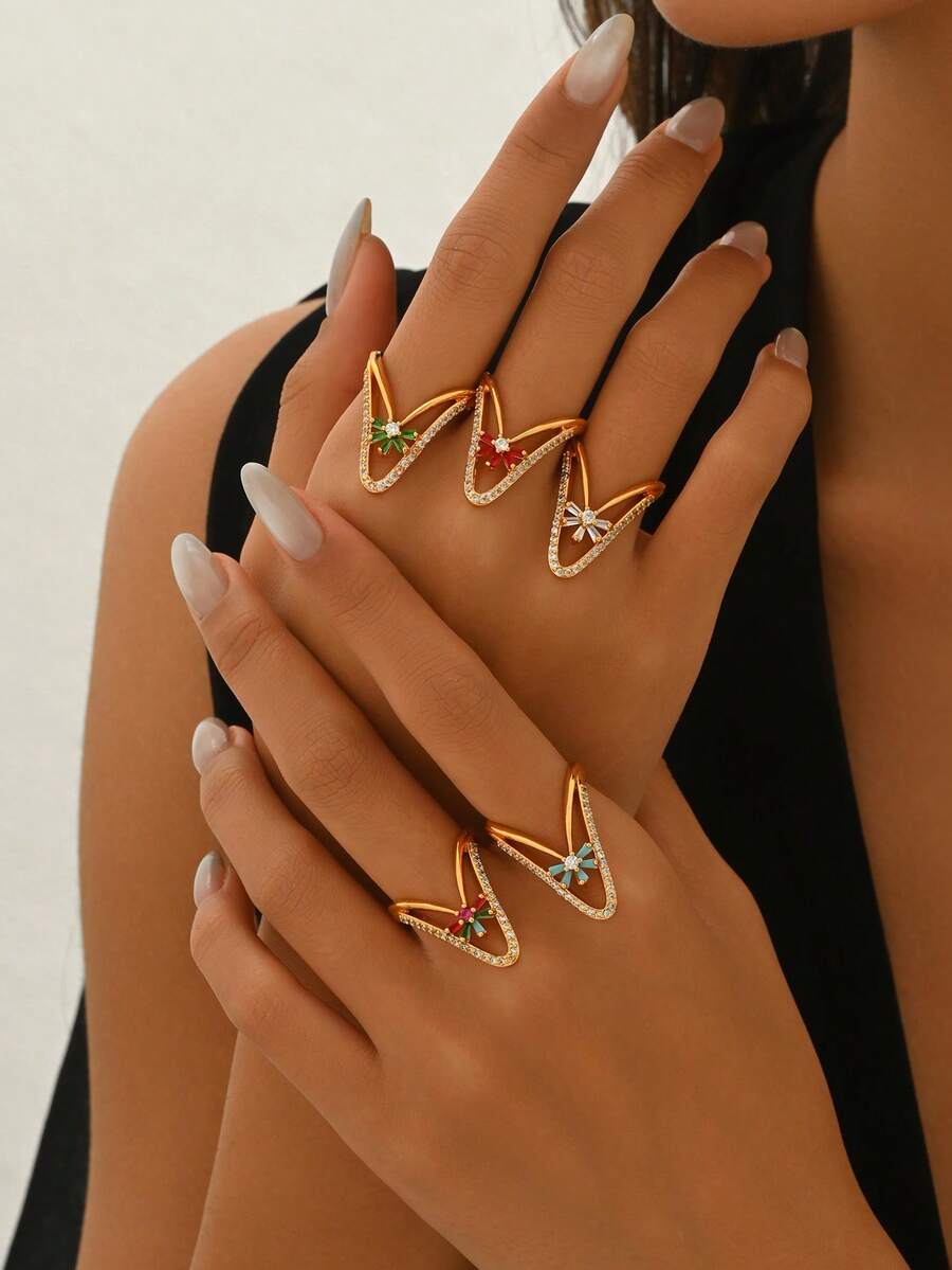 1pc Luxury Niche Style Gold-Plated V-Shaped Micro-Inlaid Colorful Zirconia Ring, Suitable For Women's Daily Commute Wear - Multicolor - View 1