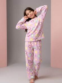 Children's Plush Teddy Pajamas For Winter, Cold Weather, Closed, Pink Star - 查看 1