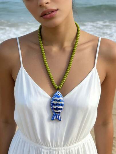 Collar de mujer con colgante de pez pintado a mano y cuentas | Estilo bohemio multicolor de océano, regalo de Pascua para fiesta de playa