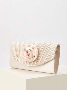 Champagne Satin Pleated Clutch With Satin Rose Applique - Apricot - View 7