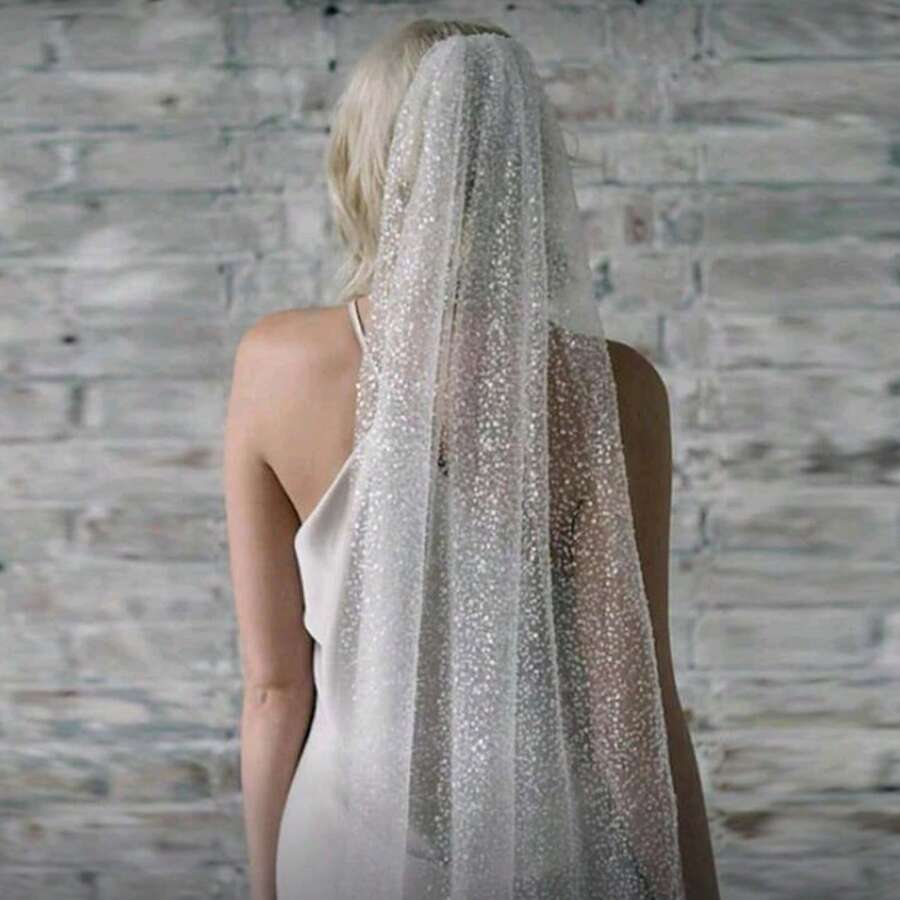 闪亮金色亮片手工流苏头纱，柔软薄纱，适合仙女、新娘、派对、摄影等场合 - 彩色 - 查看 1