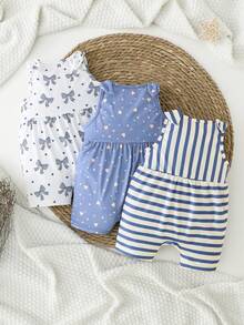 3pcs/Set Newborn Baby Round Neck Button Half Placket Casual Daily Outing Rompers - Multicolor - View 3