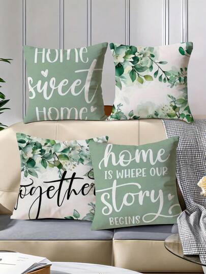 4pcs Green Floral Pattern Throw Pillow Covers, Polyester Decorative Pillowcases, No Insert - Spring Cushion Cases For Sofa, Bed, Car, Living Room Home Decor, Use Without Electricity