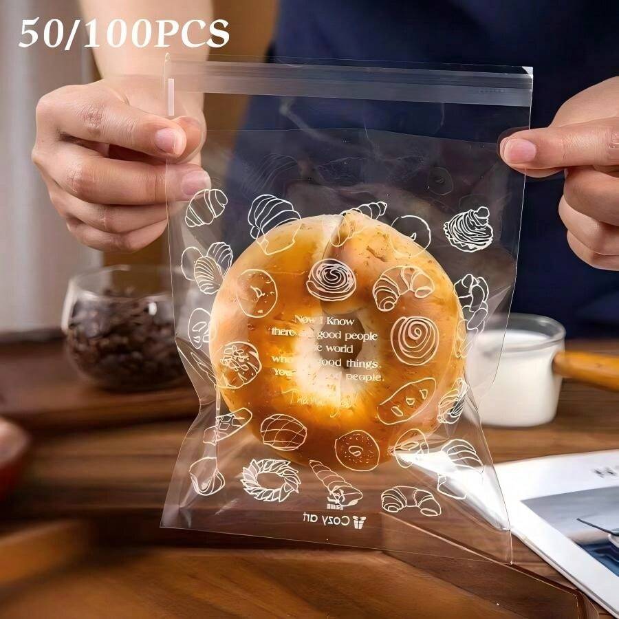 50/100个装可重复使用透明塑料面包袋,自封式食品保鲜袋 - 非常适合存放新鲜面包、三明治、甜甜圈 | 耐用PE材质 | 非常适合冷冻储存和厨房收纳 - 無色 - 查看 1