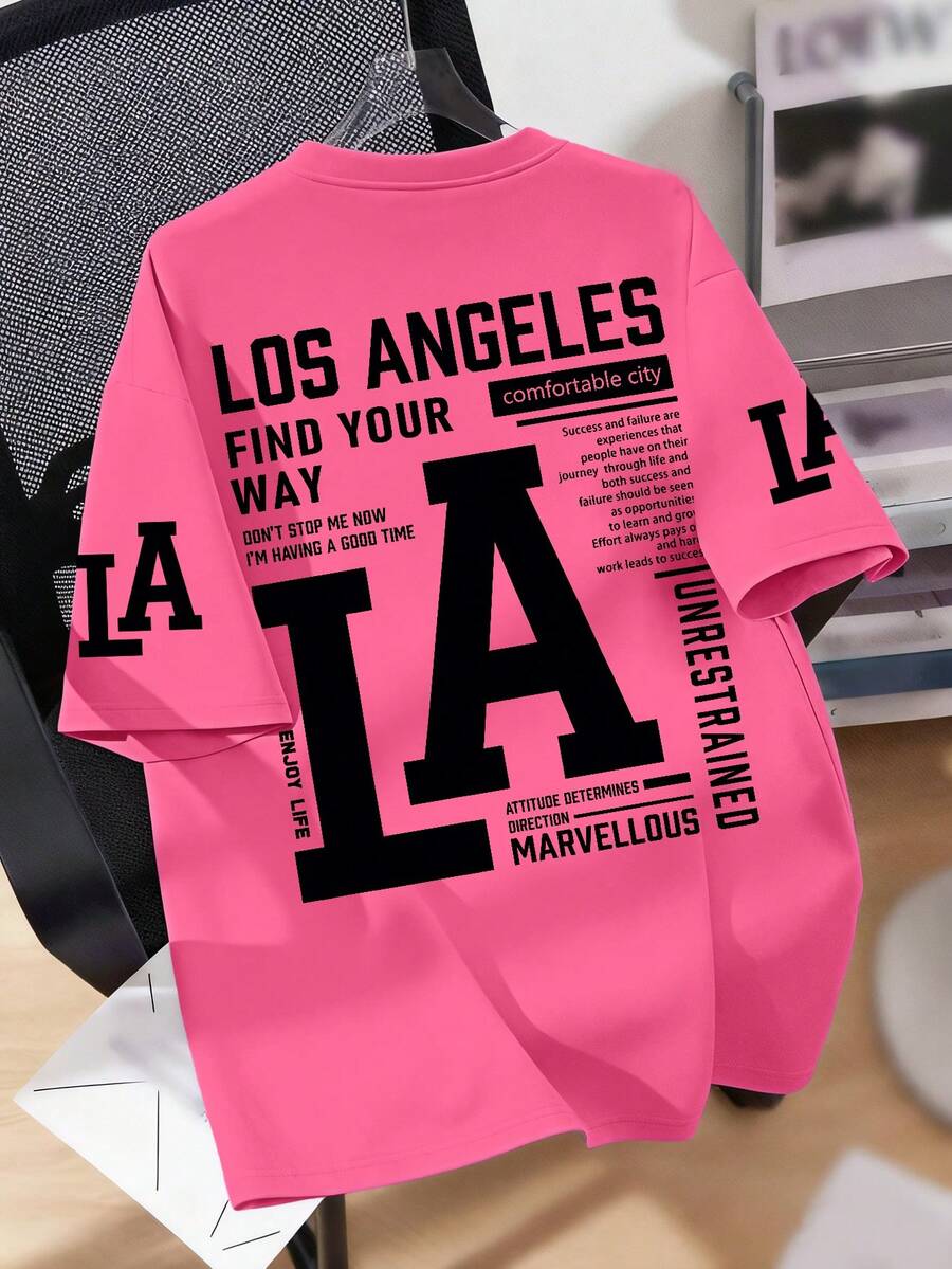 Teen Boys LA Slogan Print Crew Neck T-Shirt Summer Casual Tee Soft Top, Street Style And Vacation Wear. Suitable For Boys And Girls - Hot Pink - View 1