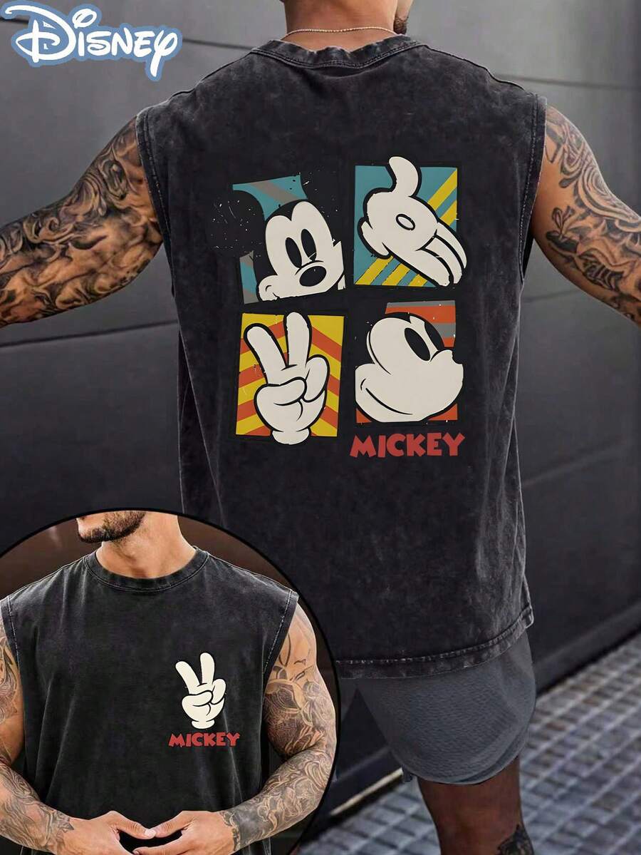 Disney Licensed Mickey Mouse Washed Sleeveless Tank Top, Retro 4-Panel Mickey Graphic Tee, Unisex Cotton Casual Sleeveless Shirt, Double Sided Print Muscle Tank For Men Women, Perfect For Streetwear & Daily Wear - 黑色 - 查看 1