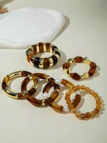 imoli 5pcs/6pcs Set Minimalist Fashion CCB Curved Tube Faux Pearl Geometric Retro Niche Bracelet Set, Versatile For Daily Wear, Casual, Party, Gift - Multicolor - View 4