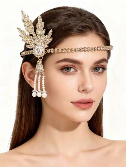 1920s Style Golden Crystal & Pearl Headband, Suitable For Vintage Outfits And Themed Accessories
