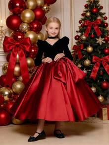 Tween Girl Burgundy Bow V-Neck Handmade Rhinestone Christmas Party Elegant Dress, Princess Dress Suitable For Girls Birthday Party, Wedding Flower Girl, Prom, Thanksgiving, Graduation Ceremony - Burgundy - View 1