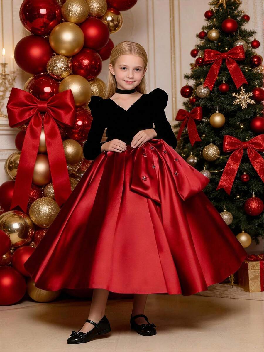 Tween Girl Burgundy Bow V-Neck Handmade Rhinestone Christmas Party Elegant Dress, Princess Dress Suitable For Girls Birthday Party, Wedding Flower Girl, Prom, Thanksgiving, Graduation Ceremony - Burgundy - View 1