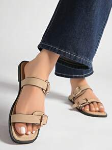 New Summer Flat Buckle Slip-On Slippers For Women, Minimalist Versatile Non-Slip Beach Sandals - Khaki - View 5