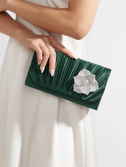 Pleated Satin Evening Clutch, Formal Purse With Clear Rhinestone Floral Embellishment – For Weddings, Proms & Party Looks