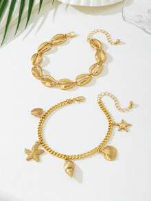 1pc Fashionable Multi-Layer Shell Anklet, Summer Island Vacation Gift For Women - Gold - View 2