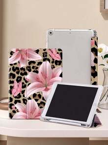 Leopard Lily Flower Pattern Compatible With  Protective Case, Compatible With  Air 4/5 (10.9 Inch), Compatible With  7/8/9 (10.2 Inch), Built-In Pencil Slot, Also Fits Tab S6 (10.4 Inch), Tab A7 Lite (8.7 Inch), Leather Protective Cover, Ideal Gift For Back To School, Valentine's Day, New Year - 查看 3