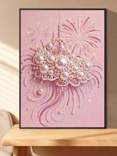 新款珍珠油画，粉色珍珠烟花装饰，华丽主题，无框DIY手工粘贴钻石创意画布艺术画，适合卧室装饰、客厅挂画、房间装饰、艺术品、送给女朋友的生日礼物、送给闺蜜的节日礼物。圣诞节、新年、情人节礼物。