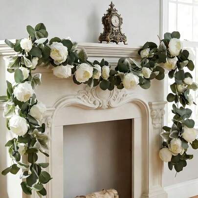 2pcs /11.2FT Eucalyptus And Willow Leaf Garland With Artificial Flowers Fake Flower Peony Rose Vine Greenery Decorative Wall Hanging Plant For Spring Wedding Arch Backdrop Door Arrangement Party Decor