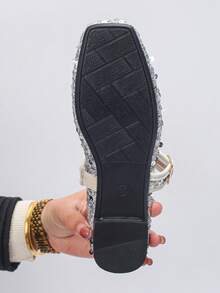Mocasini cu talpă plată, cu paiete, mărime mare 35-43, la modă, primăvară/toamnă, la modă, cu vârf pătrat și paiete, pantofi casual cu talpă moale, potriviți cu rochii pentru femei - Fund argintiu-paiete argintii - Vizualizare 8
