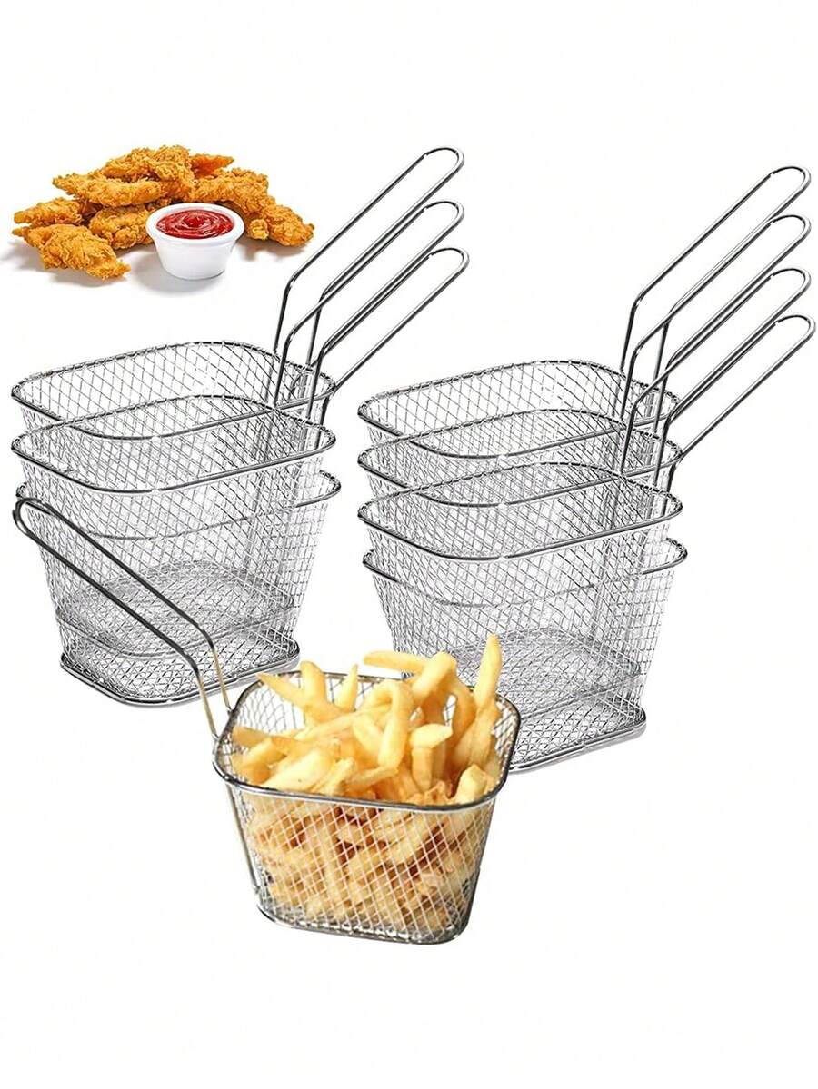 8 mini cestas cuadradas para freír de acero inoxidable con asas, soporte para freír patatas fritas, soporte para freír patatas fritas para cocina, fiestas y barbacoas, color plateado - Plateado - Ver 1