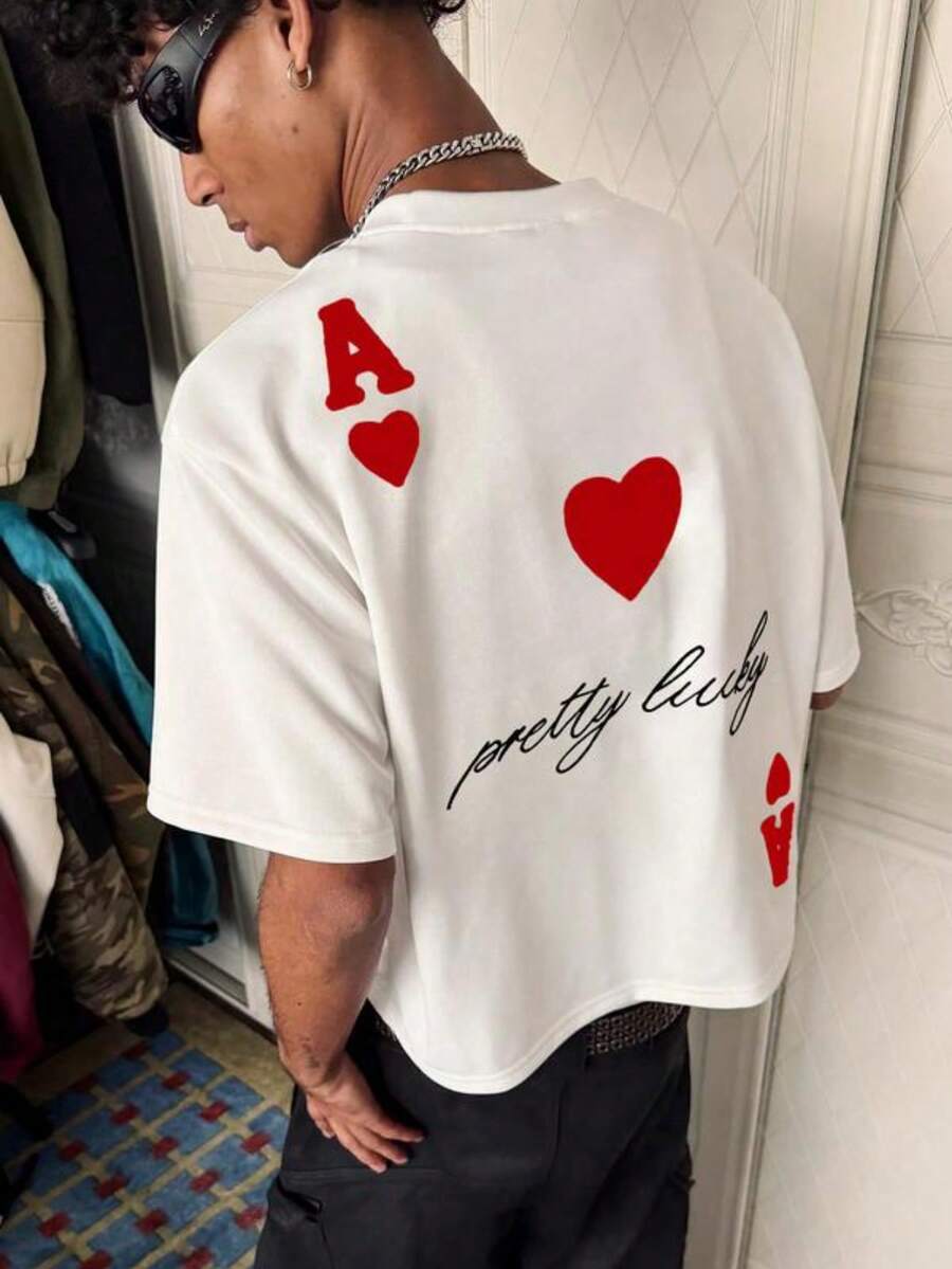 Valentine's Day Unisex Printed T-Shirt With Ace Of Hearts Back Print And 'Pretty Lucky' Slogan, Streetwear Style For Casual Outings And Nightlife - 白色 - 查看 1