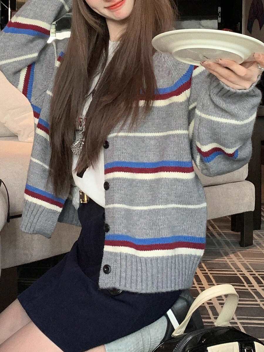 条纹针织开衫,韩式撞色条纹百搭毛衣,随机裁剪拼接 - 灰色 - 查看 1