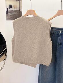 1 pieza Chaleco sin mangas de punto de unicolor con cuello redondo corto, diseño asimétrico con botones, accesorio de moda, chaleco versátil de punto para el verano - Caqui - Ver 3