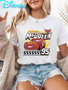 Disney Licensed Disney Cars Lightning McQueen #95 Print T-Shirt, Racing Cartoon Short-Sleeve, Summer Women's Fashion, Casual, Comfortable, Soft, Loose Fit, Everyday Outdoor Sports, Fitness, Breathable Crew Neck Short-Sleeve T-Shirt - White - View 1