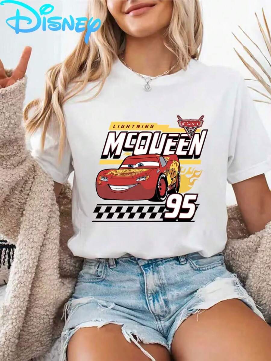 Disney Licensed Disney Cars Lightning McQueen #95 Print T-Shirt, Racing Cartoon Short-Sleeve, Summer Women's Fashion, Casual, Comfortable, Soft, Loose Fit, Everyday Outdoor Sports, Fitness, Breathable Crew Neck Short-Sleeve T-Shirt - White - View 1
