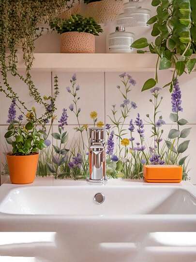 1pc Fresh Floral Pattern Bathroom Wall Sticker, Wild Flower Cluster Wall Decal For Bathroom Vanity, Self-Adhesive Wall Decoration To Add Natural Cozy Ambiance