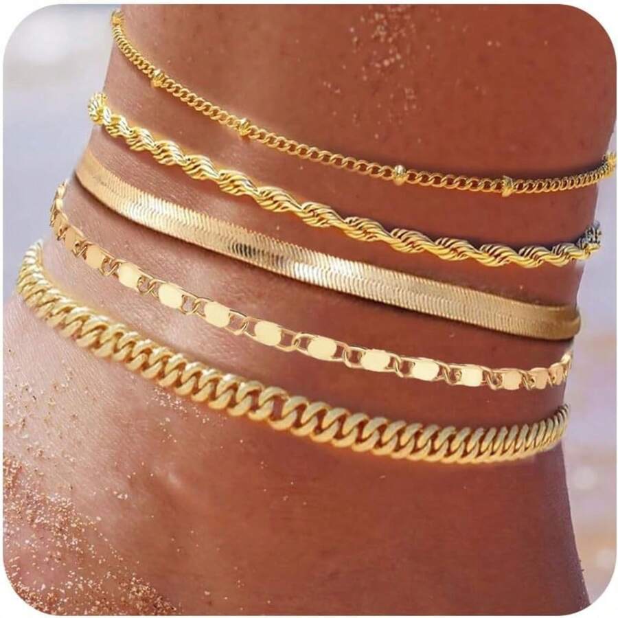 Plus Size Gold Ankle Bracelets For Women Big Ankles, Adjustable Ankle 14K  Plated Cuban Link Chain  Snake Herringbone Extra Large Anklet Bracelets,Summer Beach Foot Jewelry 10-12inch - 10+2吋點陣 - 查看 1