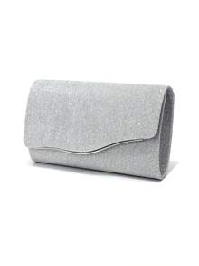 Bolso de noche de mujer con diseño de sobre plateado, bolso de mano para fiesta/boda con correa de hombro con cadena, embrague de terciopelo de moda - Plateado - Ver 5