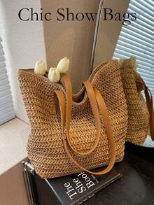 Women's Fashion Large Capacity Woven Shoulder Bag For Beach Vacations - Straw Bag - Khaki - View 8