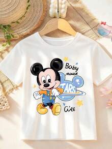 Vintage American, 200g, T-Shirt, Disney, Mickey & Minnie, Space Theme,  Family Matching Tees, Family Of Three - 男孩白色 - 查看 2