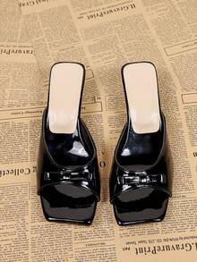 Giày sandal cao gót mũi vuông màu đen thắt nơ dành cho nữ, kiểu dép hở gót đa năng thoải mái cho mùa hè. - màu đen - Xem 6