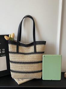 Dedoo Rainbow Stripe Woven Strap Spliced Underarm Straw Bag, Suitable For Spring And Summer, Vacation By The Sea, Daily Travel, Large-Capacity Single-Shoulder Tote Bag And Underarm Bag - Black - View 6