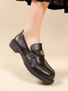 Giày lười nữ màu nâu đen, mũi tròn, có túi. - màu đen - Xem 6