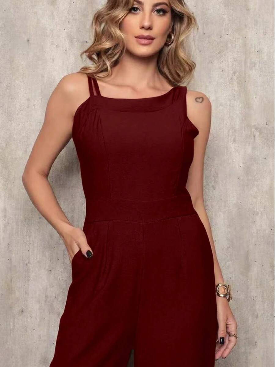 Women's Long Jumpsuit With Pocket And Shoulder Detail - Marrom chocolate - 查看 1