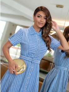 Rubia Maxi Midi Modesto Striped Shirt Dress – 100% Polyester Santorini, Functional Front Buttons And Belt - Blue - View 2