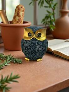 蓝绿色和金色猫头鹰摆件，适合波西米亚风格家居装饰——树脂雕像，可摆放在架子、书桌和桌面上作为点缀 - 藍金色貓頭鷹 - 查看 2