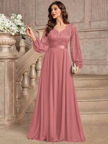 MIUSOL Elegant Floral Lace Deep V-Neck Lantern Sleeve Ruffle Hem Evening Maxi Dress Party Wedding Spring - Dusty Pink - View 6