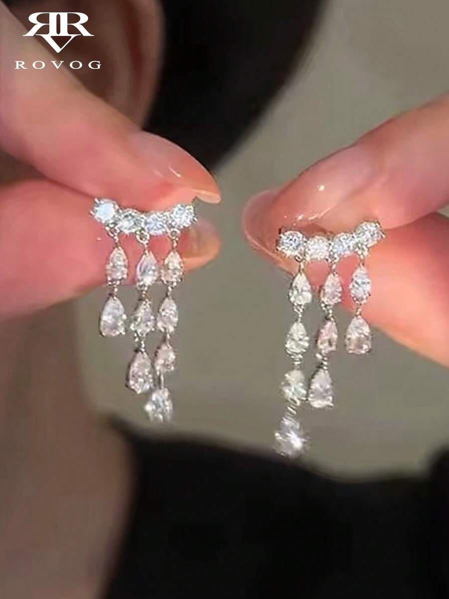 1 Đôi bông tai tua rua hình giọt nước sang trọng, thanh lịch, tinh tế, thích hợp cho tiệc tùng, du lịch, trang sức hàng ngày quyến rũ, quà tặng dành cho phụ nữ - Bạc - Xem 1