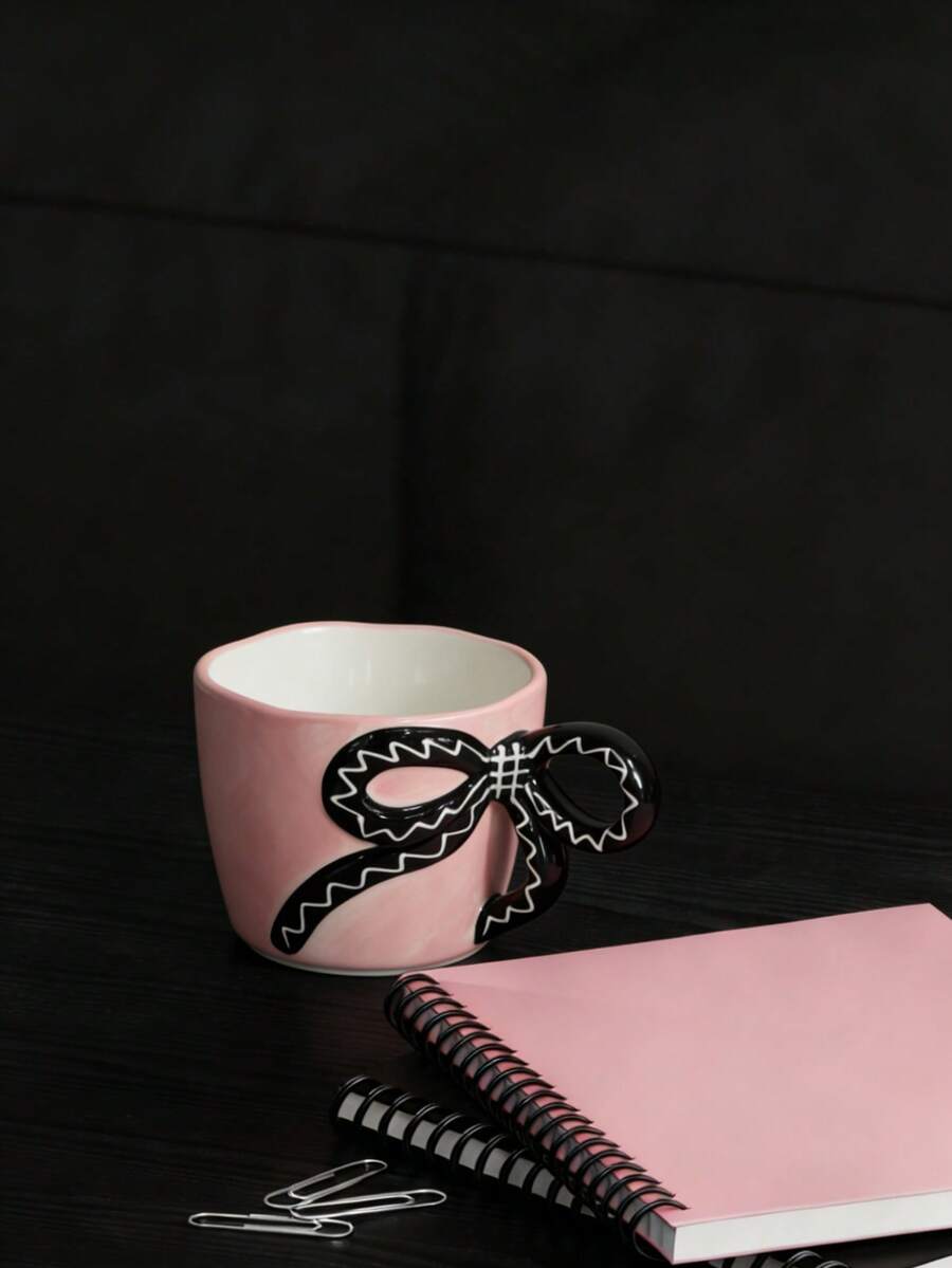 1pc Creative Hand-Painted Ceramic Bowknot Handle Coffee Mug, Home Use - Multicolor - View 1