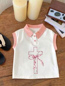Girls Flower & Bow Criss-Cross Print Polo Shirt Sleeveless Tank Top, Summer New Arrival - Multicolor - View 1