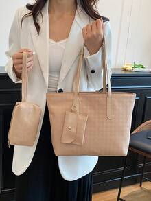 2025新款大容量女士通勤独特纹理手提包，女士单肩包 - 卡其色 - 查看 2
